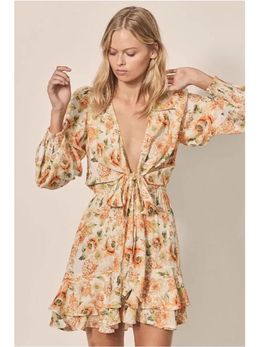 Anthropologie Kivari Everly Peach Floral Tie-Front Mini Dress 4